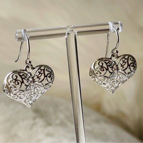 ATI BR TH | Silver Plated Heart Hollow Filigree Style Drop Wire Ear Hoops - Picture 4 of 10